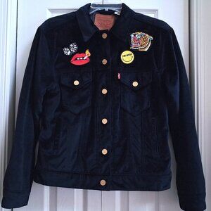 LEVI STRAUSS Navy Blue Velvet Ex-Boyfriend Trucker Jacket w/Patches Levi's sz XS